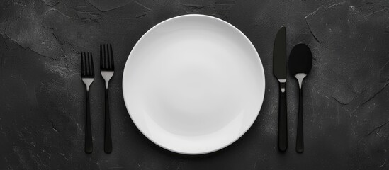 Poster - White plate set against a black background. with copy space image. Place for adding text or design