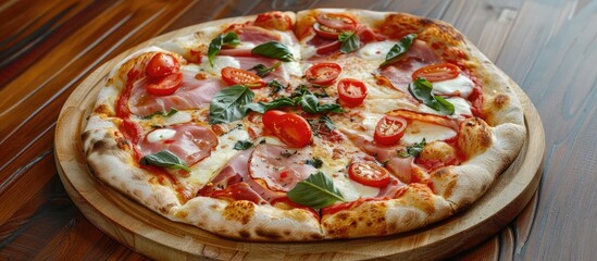 Poster - Pizza topped with ham tomatoes mozzarella cheese and basil Tasty Italian pizza on a wooden pizza board in enchanting light. with copy space image. Place for adding text or design