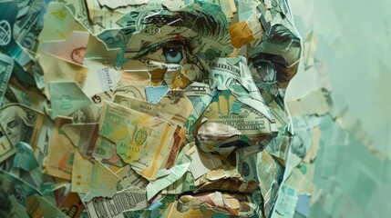 Poster - Abstract portrait made from pieces of various banknotes, showcasing the integration of financial elements into facial structures, with a clean background