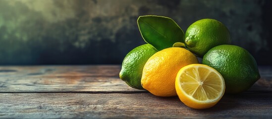 Wall Mural - lemons and limes on a wooden surface. with copy space image. Place for adding text or design