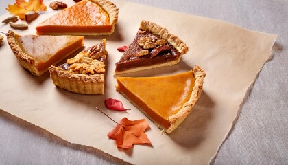 Wall Mural - variety of fall pie slices on parchment paper