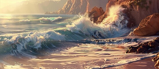 Wall Mural - Landscape of turbulent sea waves crashing against cliffs and sandy shore in the glow of the evening sun. with copy space image. Place for adding text or design