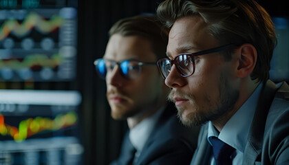 Wall Mural - Two men in suits are sitting at a table, one of them is wearing a yellow tie