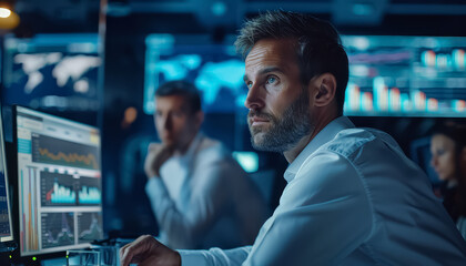 Wall Mural - A man is sitting in front of a computer monitor with a serious look on his face