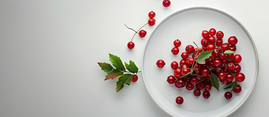 Poster - Plate featuring fresh viburnum berries on a white background. with copy space image. Place for adding text or design
