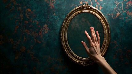 Poster - A hand reaching out from a mirror symbolizing the process of self reflection and inner The image represents the journey of self discovery