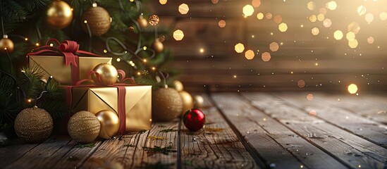 Leinwandbilder - Christmas backdrop featuring gift boxes golden balls and decorations on a wooden surface New Year texture. with copy space image. Place for adding text or design