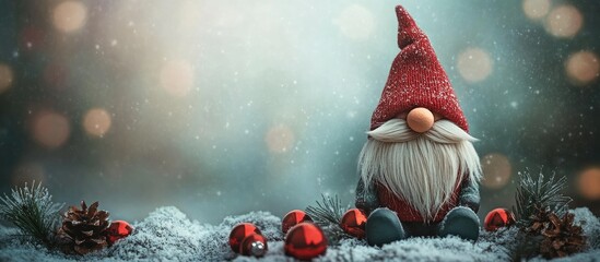 Poster - Scandinavian gnome to enhance your holiday decor Christmas advent decoration Concept for Christmas or New Year greeting card mock up. with copy space image. Place for adding text or design