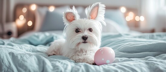 Aufkleber - Cute Maltese puppy wearing Easter rabbit ears lies on a bed with a painted egg under a warm white blanket at home Empty space for text. with copy space image. Place for adding text or design