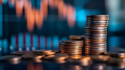 Poster - Stacked coins with a detailed financial graph or chart in the background representing the concepts of money finance investment business and economic analysis