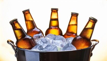 chilled beer bottles in modern ice bucket with glowing ice cubes for refreshing beverage display