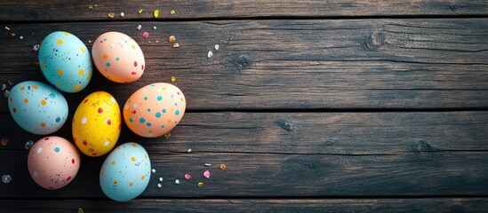 Poster - Easter greeting card featuring colorful Easter eggs on a wooden background Top view flat lay with room for your greetings. with copy space image. Place for adding text or design