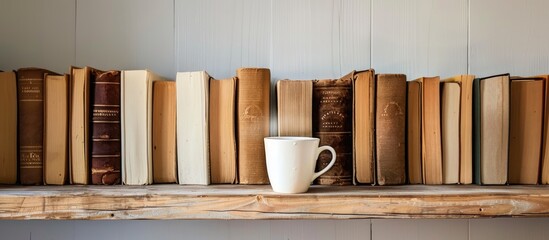 Aufkleber - An even row of books and a disposable coffee cup on a white wooden table with copy space