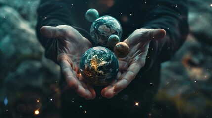 Poster - Celestial bodies in hands surrounded by darkness