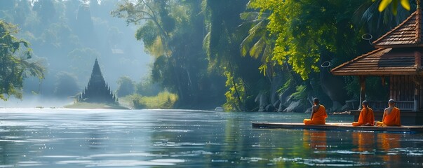 Monks Praying at Riverside Shrine Surrounded by Lush Greenery and Gentle River