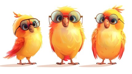 Wall Mural - Three cartoon birds with yellow feathers and glasses, showcasing different poses and expressions.