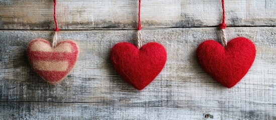 Poster - Valentine s card featuring a red felt heart with writing on an aged wooden board. with copy space image. Place for adding text or design