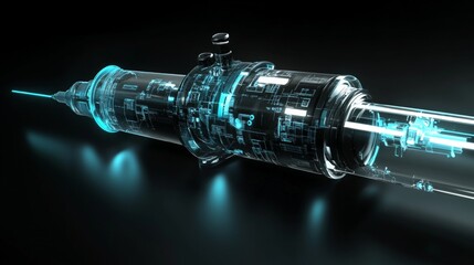 Fototapete - This futuristic syringe features a sleek design with glowing elements. It combines technology with medical purpose. Perfect for sci-fi and health-themed projects. AI