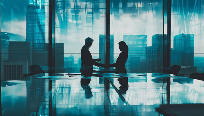 Wall Mural - Two people shaking hands in front of a city skyline