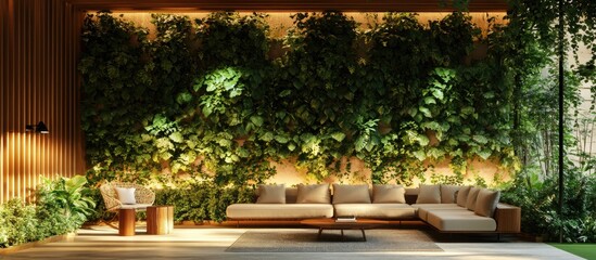 Aufkleber - Modern cafe featuring a natural interior with a wall of green living plants and a sofa for relaxation copy space
