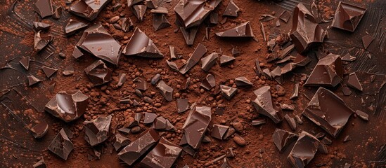 Aufkleber - Crushed dark chocolate pieces and cocoa beans culinary backdrop top view. with copy space image. Place for adding text or design