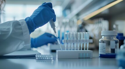 Poster - Close-up of biotechnologist's hands preparing samples and using pipettes in a laboratory with a clean and organized workspace.