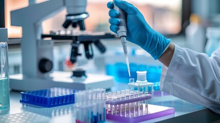 Poster - Close-up of biotechnologist's hands preparing samples and using pipettes in a laboratory with a clean and organized workspace.
