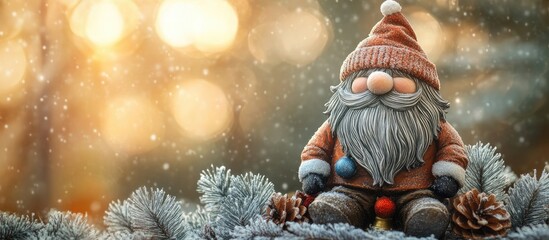 Wall Mural - Scandinavian gnome to enhance your holiday decor Christmas advent decoration Concept for Christmas or New Year greeting card mock up. with copy space image. Place for adding text or design