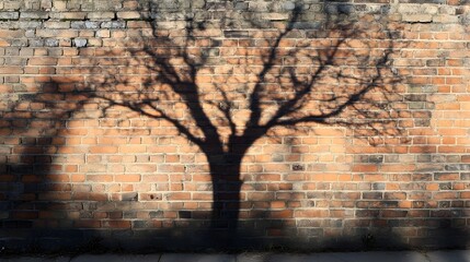 Poster - Timeless tree shadow cast on a weathered brick wall creating a mesmerizing abstract pattern and symbolizing the permanence of nature  This minimalist