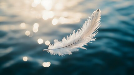 Poster - A wispy feather floating weightlessly in the air symbolizing the concept of lightness grace and tranquility  The serene and minimalist composition leaves ample copy space for text or design elements