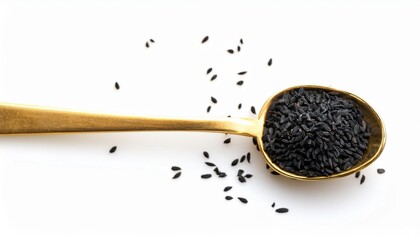 Wall Mural - black cumin seeds on golden spoon for production of black cumin oil