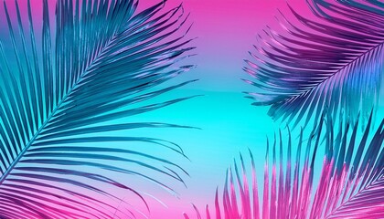 Wall Mural - tropical palm leaf background with an 80s style turquoise to pink gradient