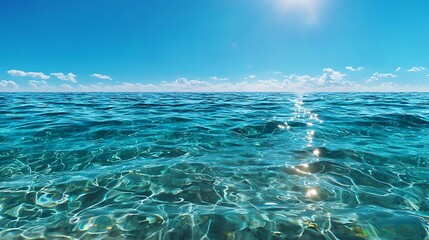 The blue ocean surface shimmers under the bright sun, creating a dazzling display of light on the water.