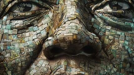 Poster - Close-up of a face created from a mosaic of money, highlighting the detailed fusion of currency into facial features