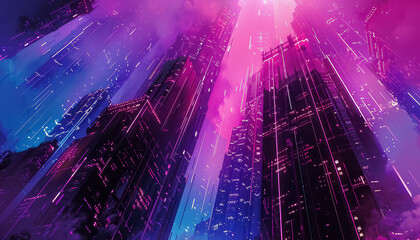 Wall Mural - A cityscape with a purple sky and neon lights