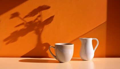 Wall Mural - table teacup and vase shadows and light from window on orange background