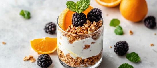 Poster - Vegan healthy breakfast option Yogurt and granola topped with fresh blackberries oranges and mint in a glass Set on a white table Copy space top view