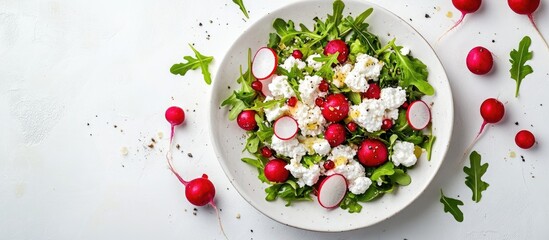 Wall Mural - Vegetarian salad featuring radishes cottage cheese sour cream and arugula on a white background Top view Copy space