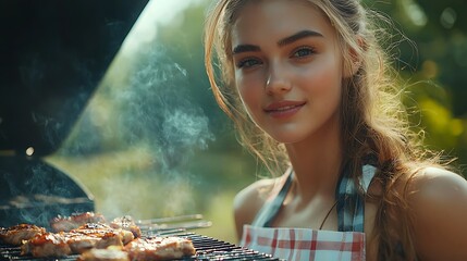 a happy woman grills meat on a barbecue in her backyard, the golden sunlight adding warmth to the jo