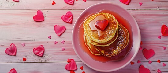 Poster - Valentine s Day backdrop featuring delicious heart shaped pancakes Valentine s Day themed greeting card Top view Copyspace