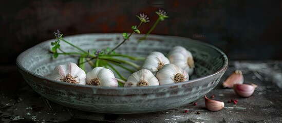 Wall Mural - garlic cloves and a garlic bulb are in a ceramic bowl positioned on a chopping block against a vinta