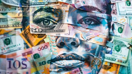 Poster - Collage of banknotes forming an expressive face, with detailed textures and patterns that reflect financial elements