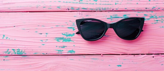 Poster - Summer abstract background mockup template free copy space for text pattern sample from a top view on a pink wooden board Blank area available for inscription A pair of stylish black sunglasses