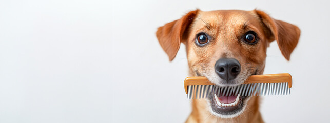 Wall Mural - dog isolated on white background holds a comb in his teeth. groomer concept