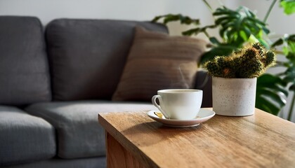 Wall Mural - a cup of coffee sitting on top of a wooden table next to a couch and a potted plant on top of a wooden table generative ai