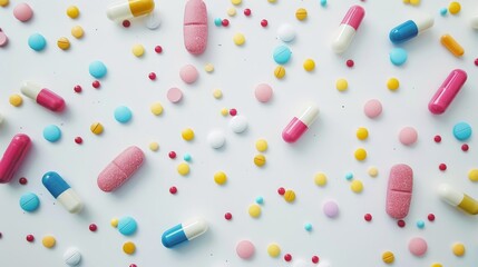 Poster - Colorful pills scattered on white background