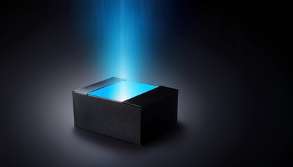 a black box with a blue light coming out of the top of it on a dark background with a blue light coming out of it generative ai