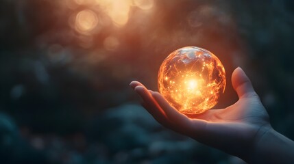 Poster - Hand Holding Luminous Sphere Representing Energy Insight and the Possibilities of the Future  Conceptual Image with Copy Space