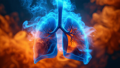 Sticker - A visual representation of human lungs enveloped in contrasting blue and orange smoke