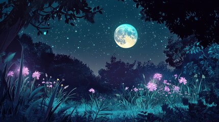 Wall Mural - Enchanting Moonlight Forest with Pink Flowers and a Starry Sky - Dreamy Nighttime Nature Illustration.